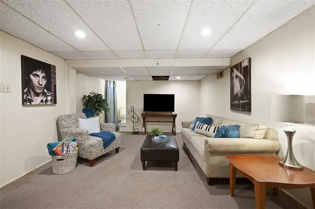 a living room with furniture and a potted plant