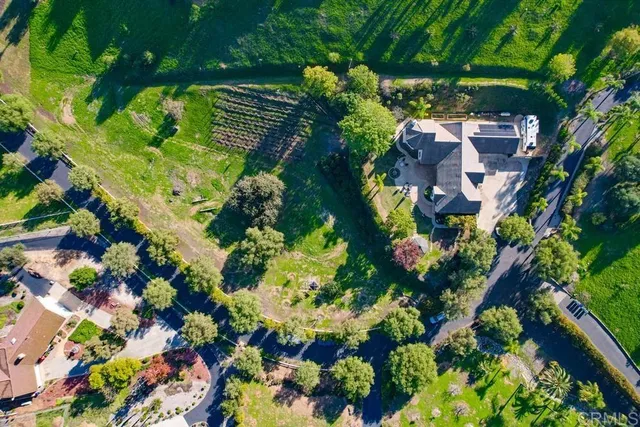 an aerial view of residential houses with outdoor space and trees
