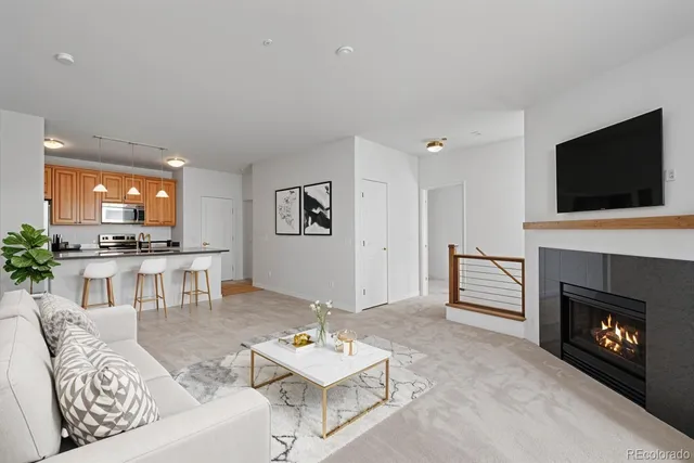 a living room with furniture a flat screen tv and a fireplace