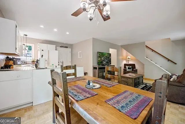 a view of a dining room with furniture