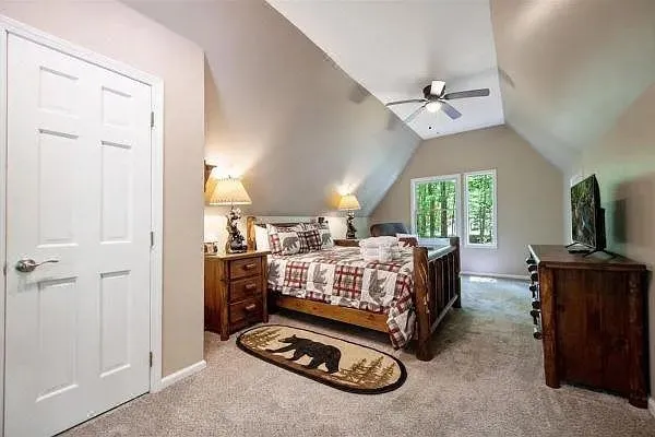 a bed room with a bed and a television