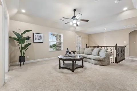 a living room with furniture and a potted plant
