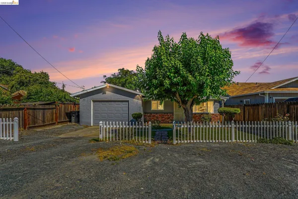 a view of a small yard in front of a house with a large tree