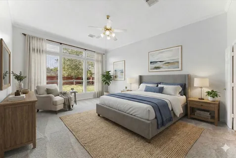 a spacious bedroom with a bed and glass window