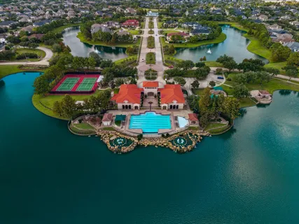 an aerial view of residential house with outdoor space and swimming pool