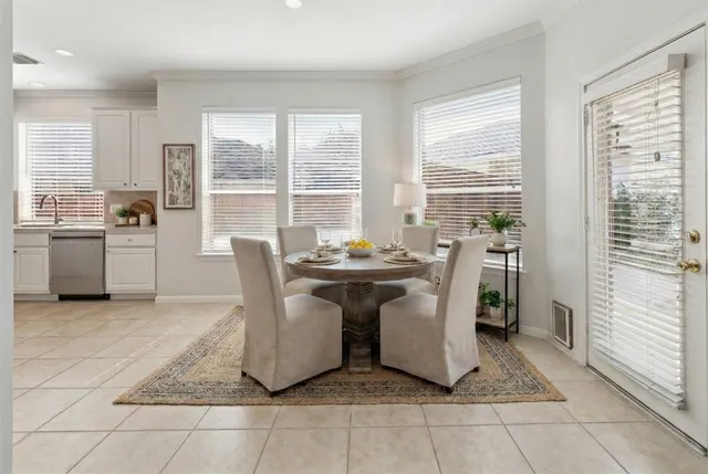 a view of a dining room with furniture window and outside view