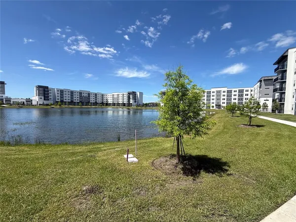 a view of a lake with a city