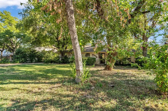 a view of a field with trees in the background