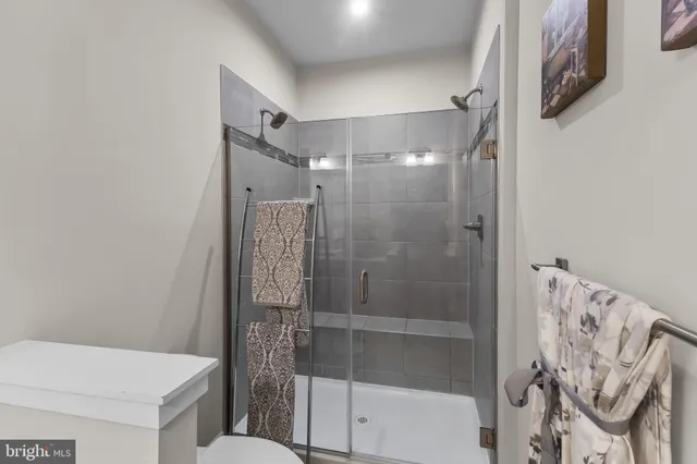 a bathroom with a shower and a toilet