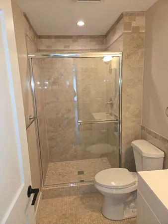 a bathroom with a shower and a toilet