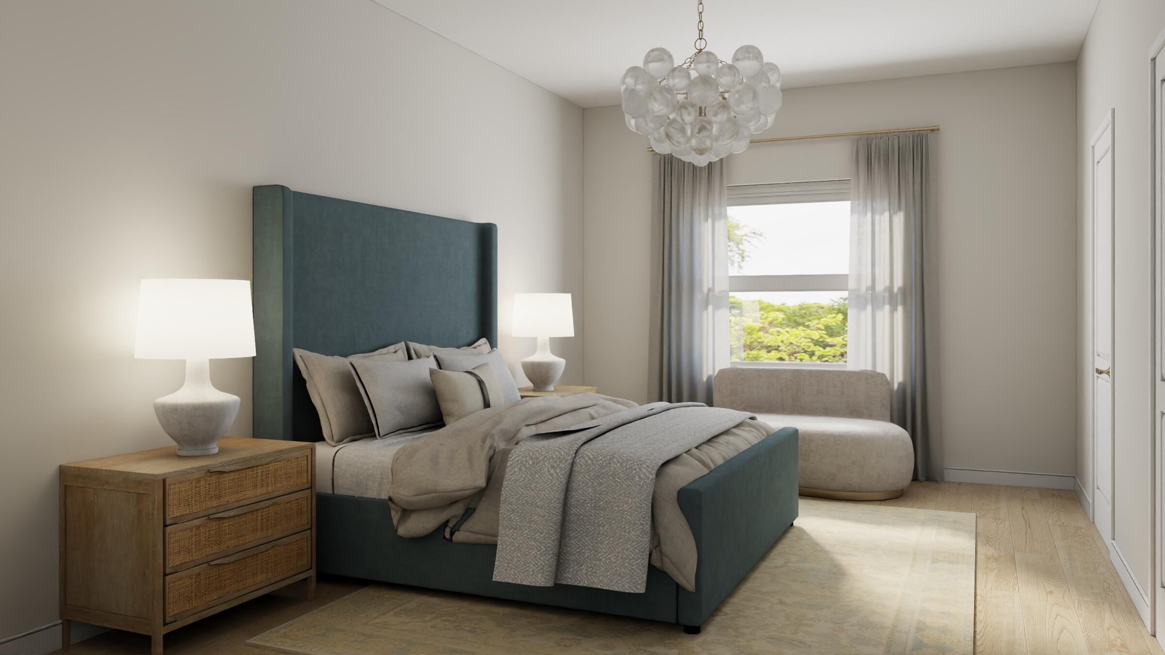 115 Olympus Way Jupiter, FL 33477 - Photo 21 of 44 a bedroom with a bed and a chandelier