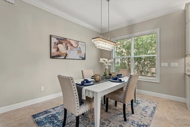 a dining room with furniture a rug and a window