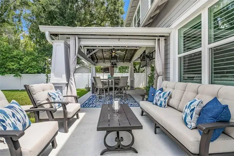 a building outdoor space with patio furniture