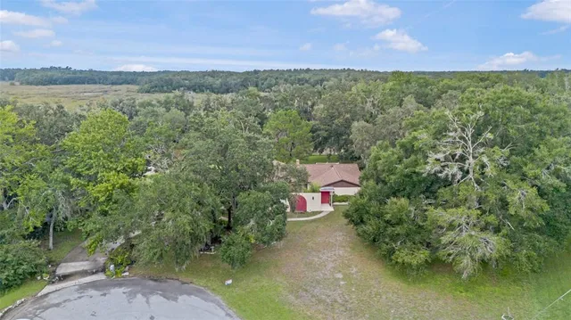 an aerial view of a house with a yard