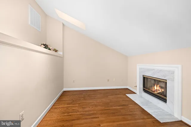 a view of empty room with wooden floor and fireplace