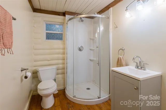 a bathroom with a shower a toilet and a sink
