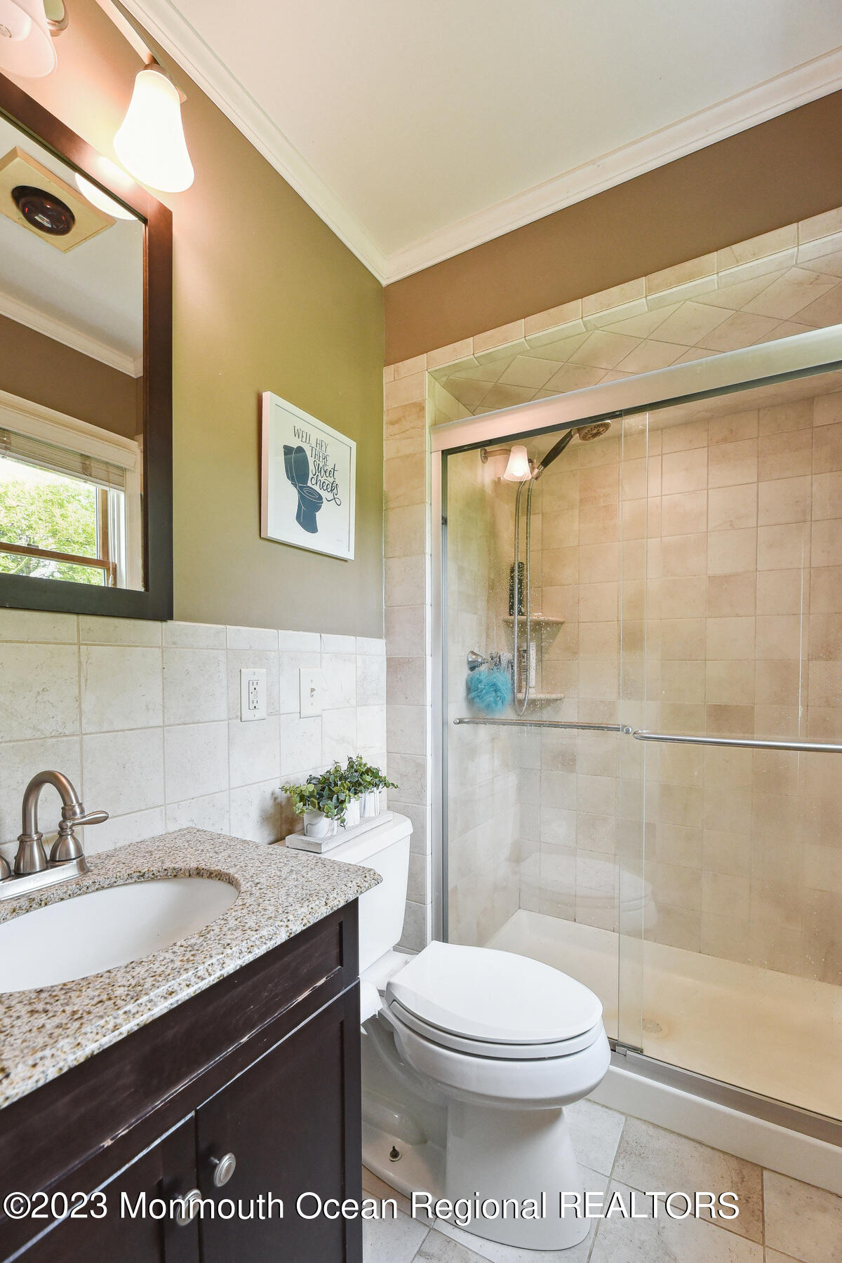 29 Willow Brook Road Holmdel, NJ 07733 - Photo 16 of 35 a bathroom with a granite countertop sink a toilet a mirror and shower