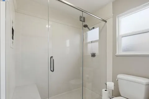 a bathroom with a shower and a toilet