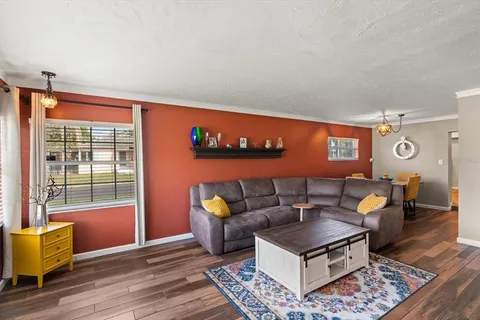 a living room with furniture a rug and a window