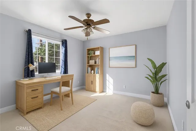 a living room with furniture and a potted plant
