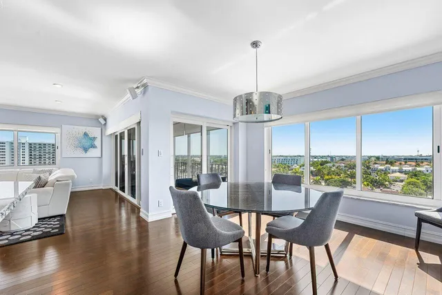 a view of a dining room with furniture window and wooden floor