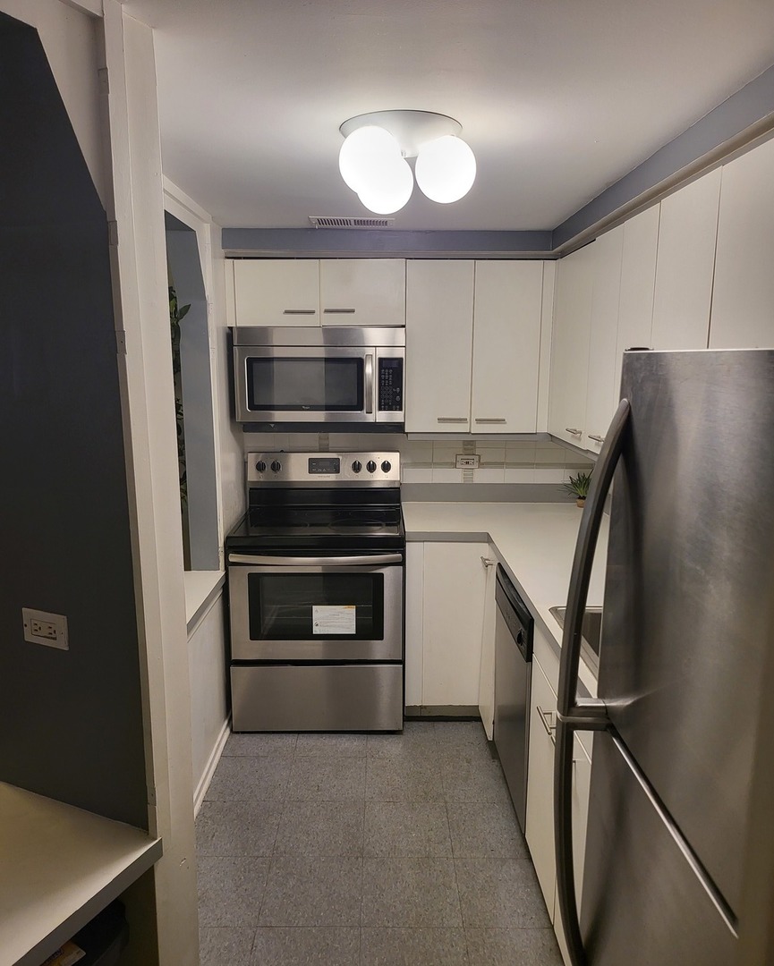 6337 Roosevelt Road, Unit 105 Berwyn, IL 60402 - Photo 8 of 20 a kitchen with stainless steel appliances a stove microwave and a refrigerator
