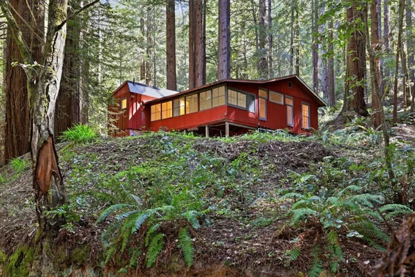 a view of a house with large trees