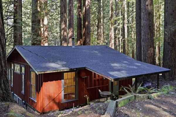 a view of a barn with big yard plants and large trees