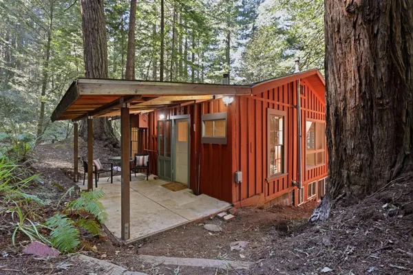 a view of a backyard with a shade house and large tree