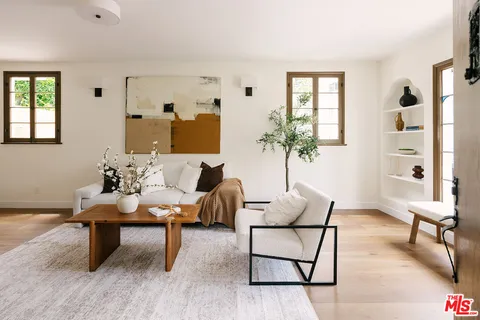 a living room with furniture and a potted plant