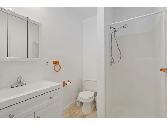 a bathroom with a sink a toilet and shower