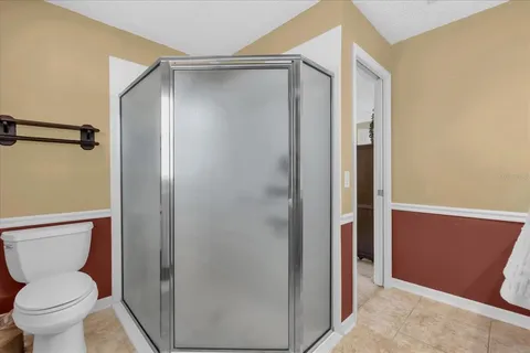 a bathroom with a shower and a toilet