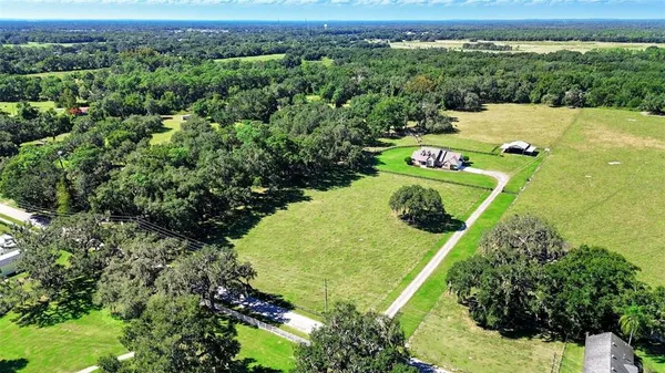 an aerial view of green landscape with trees houses and mountain view