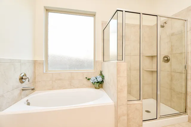 a bathroom with a bathtub and a shower