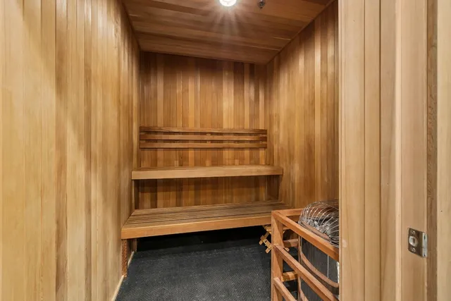 a storage room with cabinets