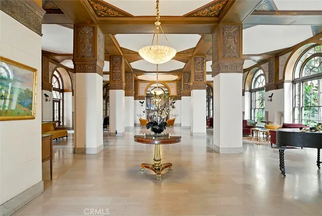 a view of a lobby with a chandelier