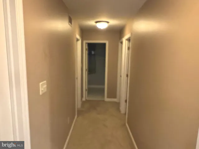 a view of a hallway with wooden cabinets