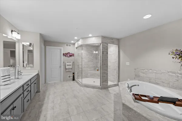 a bathroom with a tub shower vanity and a sink