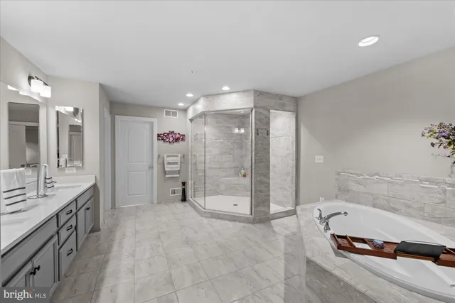 a bathroom with a tub shower vanity and a sink