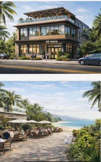 a front view of a building with a yard