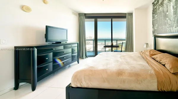 a bedroom with a bed and a flat tv screen on dresser
