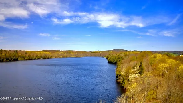 a view of a lake with houses in the background