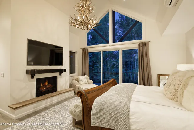 a bedroom with a bed a flat screen tv and a fireplace with the potted plant
