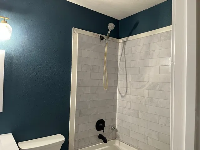 a bathroom with a shower toilet and sink