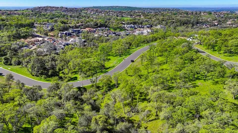 an aerial view of residential houses with outdoor space and trees