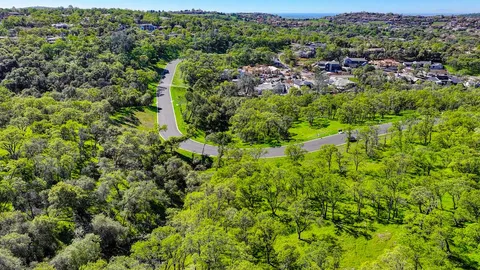 an aerial view of residential houses with outdoor space and trees