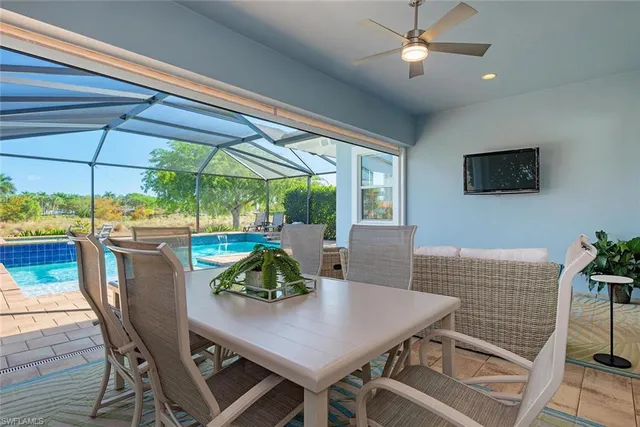 a view of a dining room with furniture window and outside view