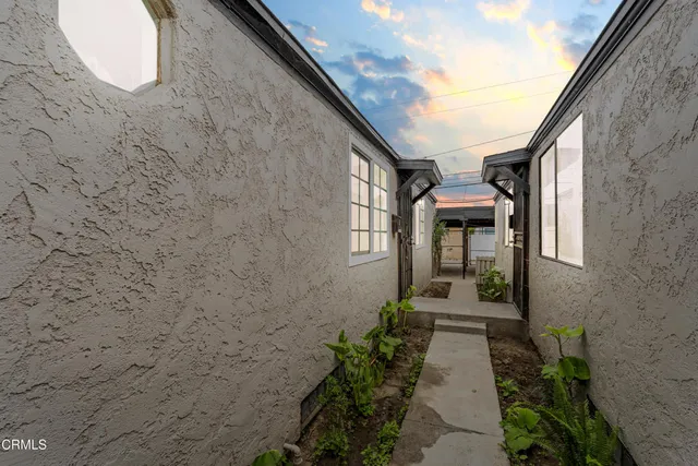 a pathway of a house with potted plants