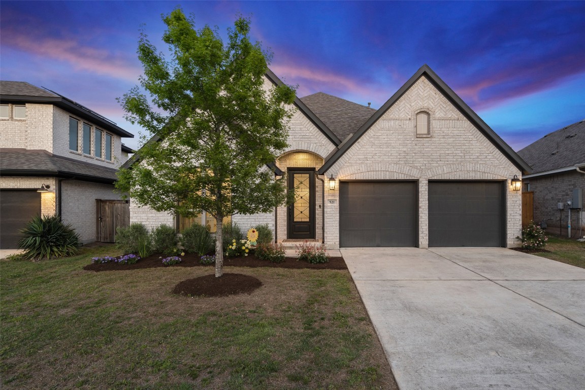 a front view of a house with garage and trees