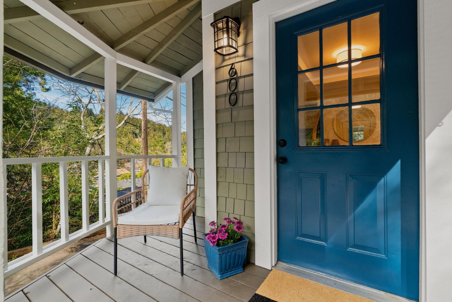 a porch with seating space